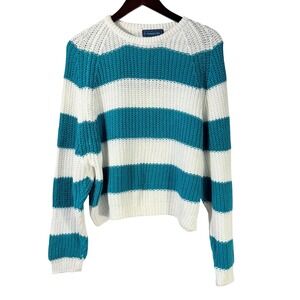 Vintage L'SimSBURY Striped‎ Chunky Knit Sweater M Green Teal White Cotton Blend